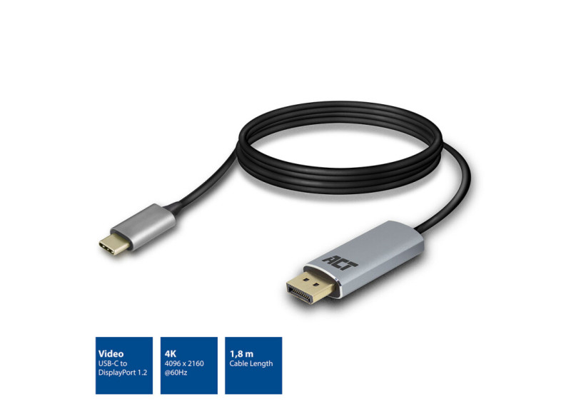 ACT USB-C naar DisplayPort male kabel 1,8m 4K @ 60Hz