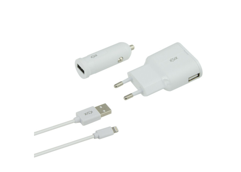 Ksix - Charge pack - Oplader, autolader en lightning-USB-Kabel - Wit