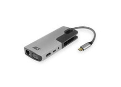 ACT AC7043 USB-C naar HDMI of VGA multiport adapter met ethernet, USB hub, cardreader, audio en PD pass through