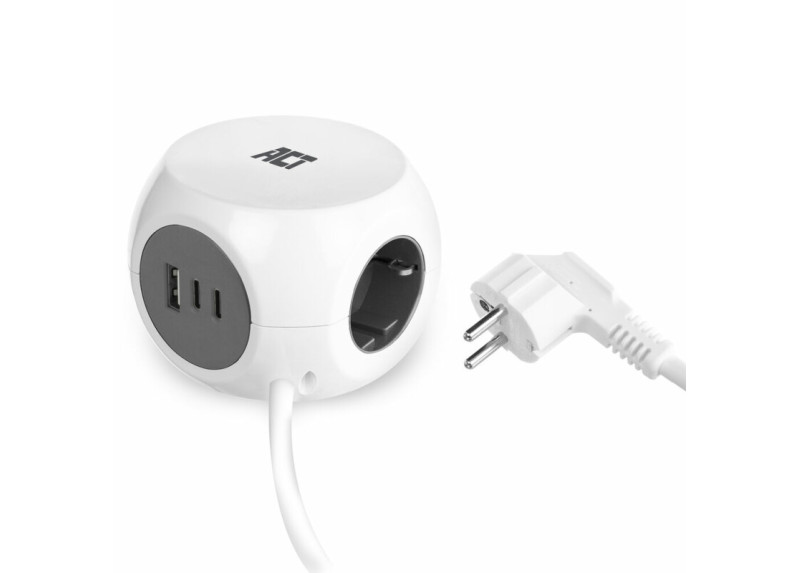 ACT Stekkerdoos kubus met 3 type F stopcontacten, 30W Power Delivery USB-C/A poorten, kabellengte 1,5m