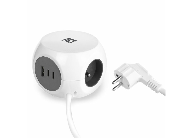 ACT Stekkerdoos kubus met 3 type E stopcontacten, 30W Power Delivery USB-C/A poorten, kabellengte 1,5m