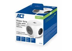 ACT Stekkerdoos kubus met 3 type E stopcontacten, 30W Power Delivery USB-C/A poorten, kabellengte 1,5m