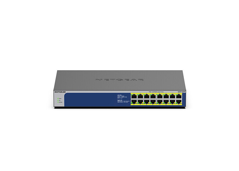 NETGEAR GS516PP Unmanaged Gigabit Ethernet (10/100/1000) Power over Ethernet (PoE) Blauw, Grijs